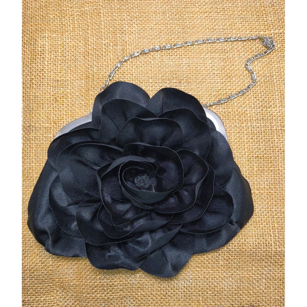 Charming Charlie Black Satin Rose Floral Evening Clutch Bag Silver Chain Strap